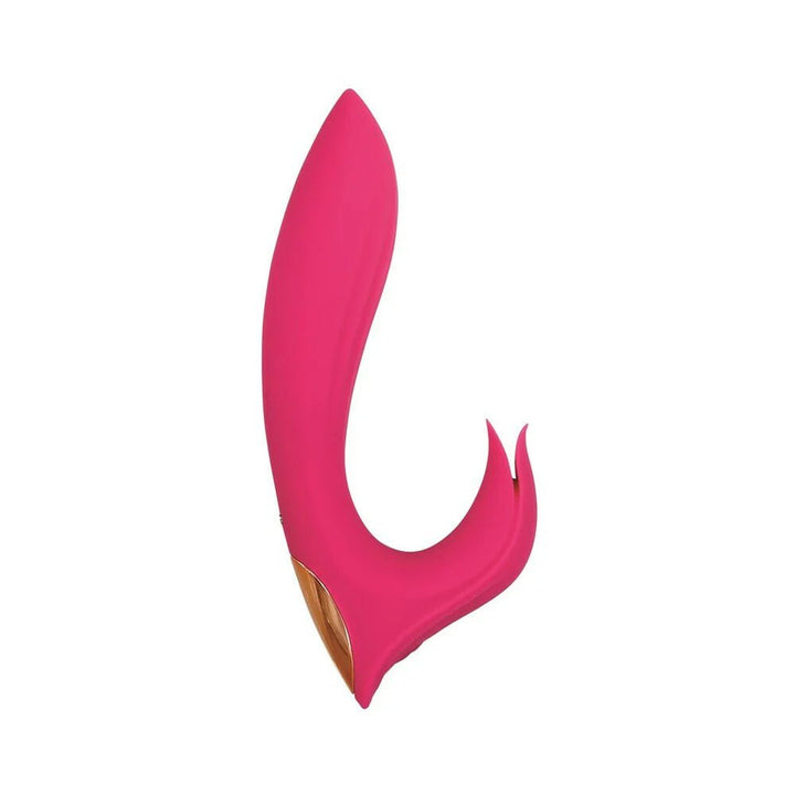 Pink curved dual-motor vibrator with a textured shaft and tulip-shaped clitoral stimulator, featuring gold accent detail.