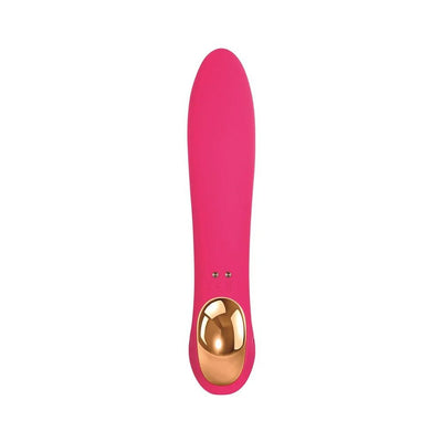 Pink sleek vibrator with a curved tip and gold-accented handle, designed for dual stimulation and easy control.