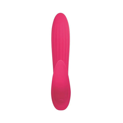 Pink dual-motor vibrator with curved textured shaft and clitoral stimulator, designed for targeted pleasure.