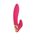 Pink dual-motor vibrator with curved shaft and gold accent, designed for clitoral and G-Spot stimulation.