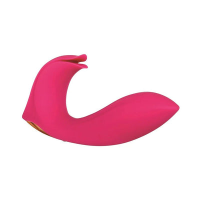 Pink dual-motor vibrator with curved shaft and tulip-shaped clitoral stimulator designed for targeted pleasure.