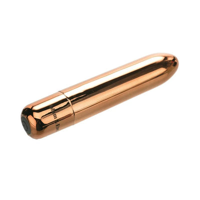 Sleek copper-colored rechargeable bullet vibrator with smooth tapered tip and black control button on white background.