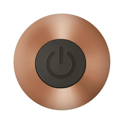 Top view of Adam & Eve Eve's Copper Cutie rechargeable bullet vibrator with copper-colored finish and black power button.