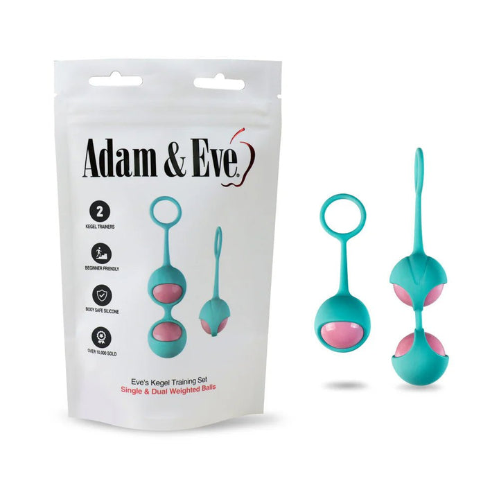 Adam & Eve Eves Kegel Training Set with single and dual weighted silicone balls in teal and pink with retrieval rings.