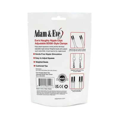 Back packaging of Adam & Eve Eves Naughty Nipple Clips showing product features, usage instructions, and warranty details.