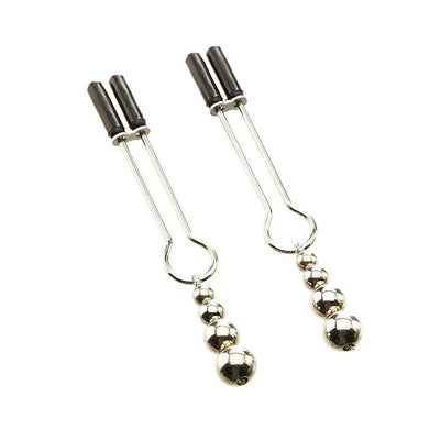 Pair of silver-colored adjustable nipple clamps with black rubber tips and dangling beaded weights.