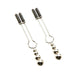 Pair of silver-colored adjustable nipple clamps with black rubber tips and dangling beaded weights.