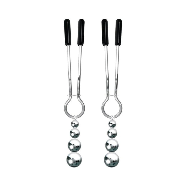 Pair of silver-colored adjustable nipple clamps with black tips and dangling graduated metal bead weights.