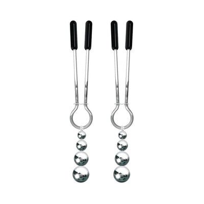 Pair of silver-colored adjustable nipple clamps with black tips and dangling graduated metal bead weights.
