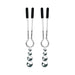 Pair of silver-colored adjustable nipple clamps with black tips and dangling graduated metal bead weights.