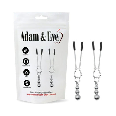 Adam & Eve adjustable silver metal nipple clamps with beaded weights shown in packaging and separately on white background.