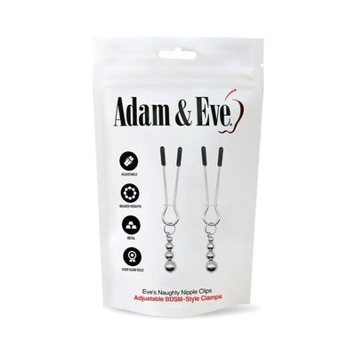 Packaging of Adam & Eve Eves Naughty Nipple Clips showing adjustable silver metal clamps with beaded weights.