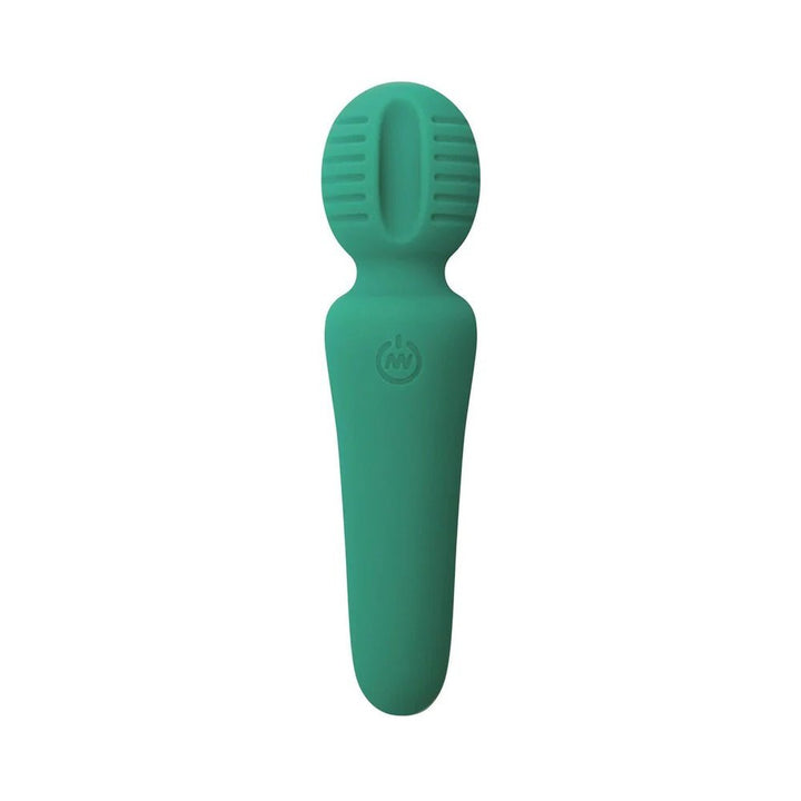 Compact teal silicone personal massager wand with textured head and power button on handle.