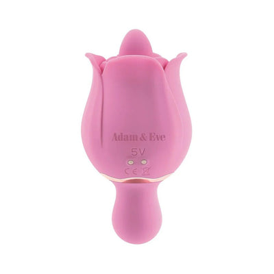 Pink silicone dual-ended rose-shaped vibrator with smooth curves and Adam & Eve branding.