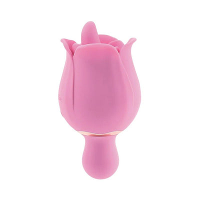 Pink silicone rose-shaped dual-ended personal vibrator with a flicking tongue and flexible handle.