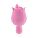 Pink silicone rose-shaped dual-ended personal vibrator with a flicking tongue and flexible handle.