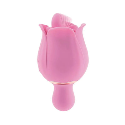 Pink silicone rose-shaped vibrator with a flickering tongue teaser and flexible handle, designed for customizable pleasure.