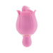 Pink silicone rose-shaped vibrator with a flickering tongue teaser and flexible handle, designed for customizable pleasure.