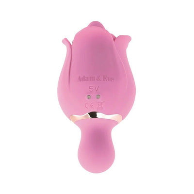 Pink silicone dual-ended rose-shaped vibrator with smooth handle and charging ports, designed for personalized pleasure.