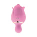 Pink silicone dual-ended rose-shaped vibrator with smooth handle and charging ports, designed for personalized pleasure.