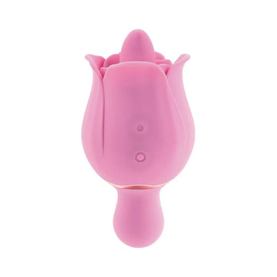 Pink silicone rose-shaped dual-ended vibrator with flickering tongue and flexible handle, designed for customizable pleasure.