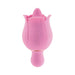 Pink silicone rose-shaped dual-ended vibrator with flickering tongue and flexible handle, designed for customizable pleasure.