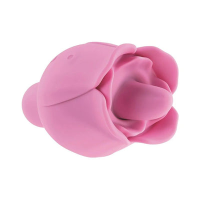 Pink silicone dual-ended rose-shaped clitoral stimulator with flickering tongue and flexible handle.