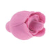 Pink silicone dual-ended rose-shaped clitoral stimulator with flickering tongue and flexible handle.