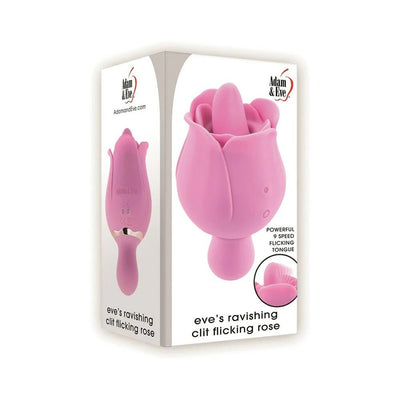 Packaging of Adam & Eve Eves Ravishing Clit Flicking Rose in pink silicone with 9-speed flickering tongue feature shown.