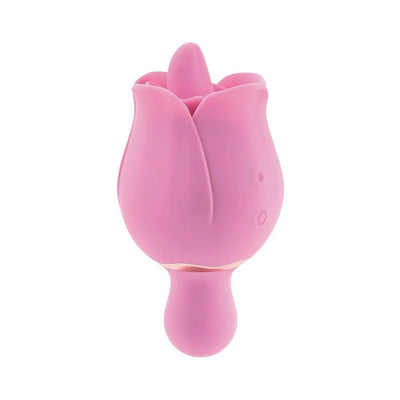 Pink silicone rose-shaped dual-ended vibrator with flickering tongue teaser and flexible handle.