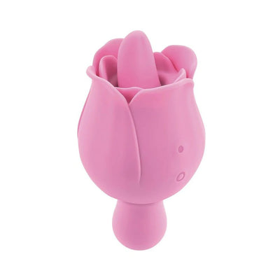 Pink silicone dual-ended rose-shaped vibrator with flickering tongue teaser and flexible handle.