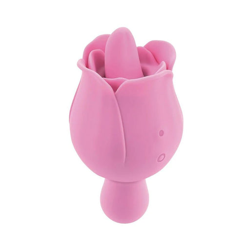 Pink silicone dual-ended rose-shaped vibrator with flickering tongue teaser and flexible handle.