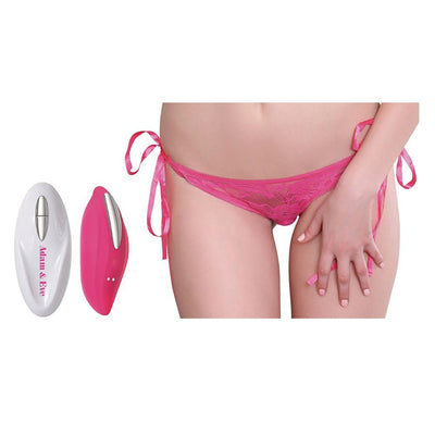 Pink lace tie-side vibrating panty worn with matching pink silicone vibe and white remote control beside it.