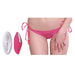 Pink lace tie-side vibrating panty worn with matching pink silicone vibe and white remote control beside it.
