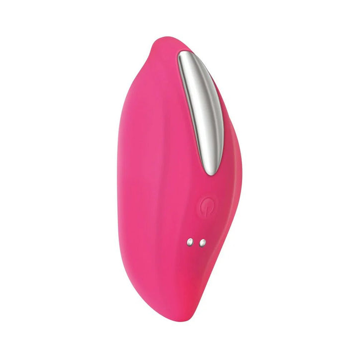 Pink contoured silicone vibrator with silver accent and power button for rechargeable vibrating panty.