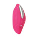 Pink contoured silicone vibrator with silver accent and power button for rechargeable vibrating panty.