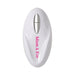 White oval remote control with silver buttons and pink Adam & Eve logo for vibrating panty.