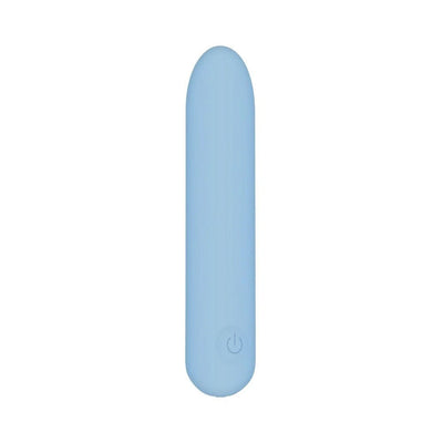 Light blue rechargeable silicone bullet vibrator with smooth rounded tip and power button at base.