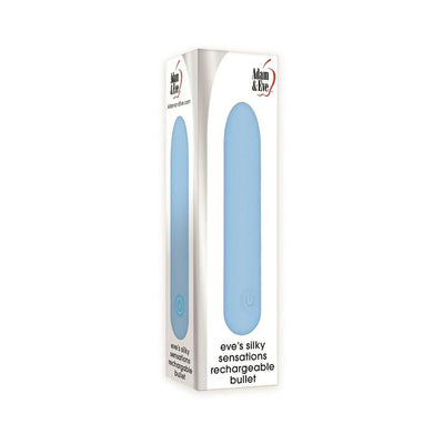 Packaging box of Adam & Eve Eve's Silky Sensations rechargeable blue silicone bullet vibrator.