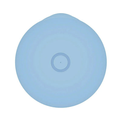 Top view of a small, round, light blue silicone rechargeable bullet vibrator with a central power button.