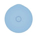 Top view of a small, round, light blue silicone rechargeable bullet vibrator with a central power button.