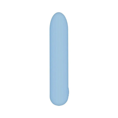 Light blue rechargeable silicone bullet vibrator with smooth rounded tip and compact design.