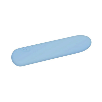 Light blue rechargeable silicone bullet vibrator with smooth rounded design and power button on one end.