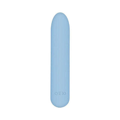 Light blue rechargeable silicone bullet vibrator with smooth, slender design and rounded tip.