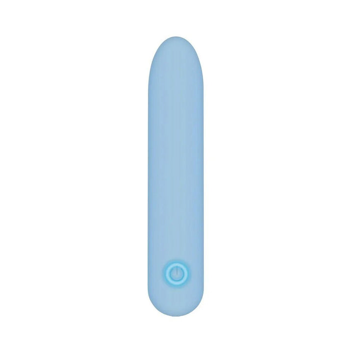 Light blue rechargeable silicone bullet vibrator with a single power button and smooth rounded tip.