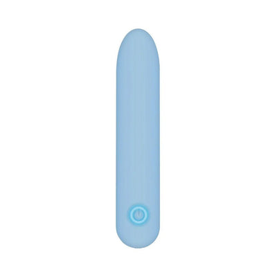 Light blue rechargeable silicone bullet vibrator with a single power button and smooth rounded tip.