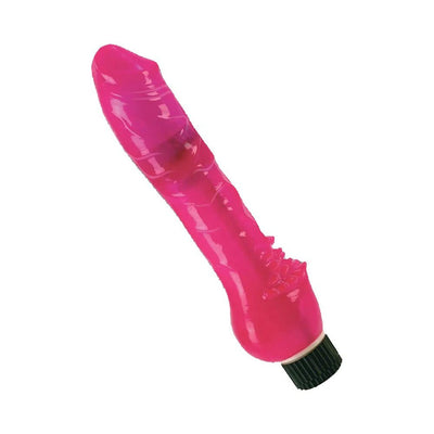 Slim pink vibrator with textured shaft and nubby base stimulator, featuring adjustable dial control and black twist-off cap.