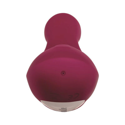 Deep red silicone Adam & Eve Eves Twirling Rabbit Thruster vibrator shown from the base with smooth ergonomic design.