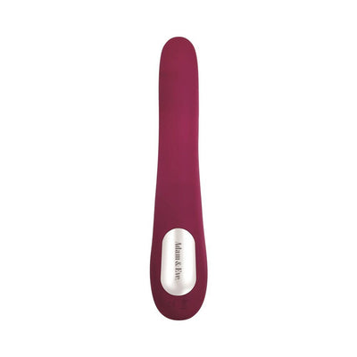 Sleek maroon Adam & Eve Eves Twirling Rabbit Thruster vibrator with smooth silicone finish and silver logo panel.