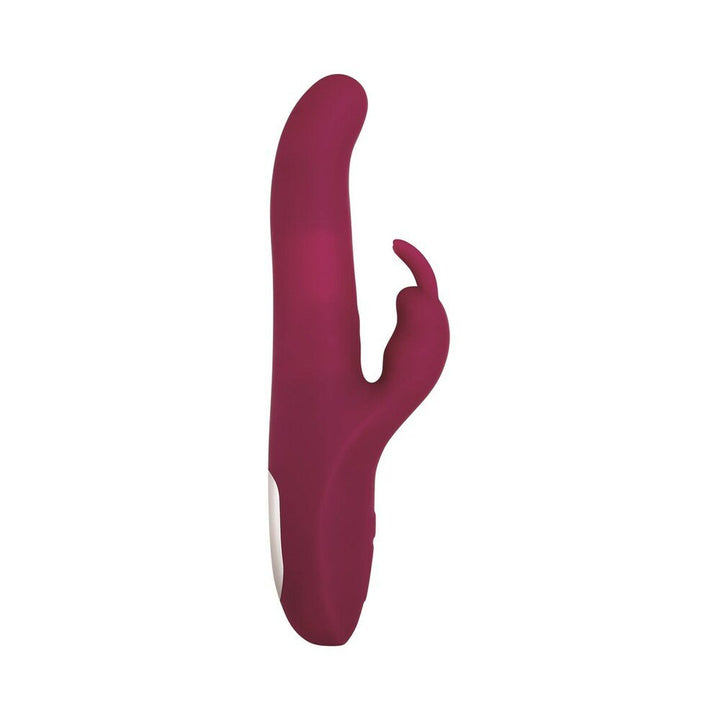 Sleek maroon dual-motor vibrator with curved shaft and rabbit-shaped clitoral stimulator, designed for versatile pleasure.